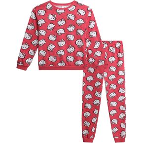 Hello Kitty Girls' Pants Set - 2 Piece Crewneck Sweatshirt and Fleece Pants - Matching Outfit for Girls (2T-12), Size 5-6, White/Aurora Pink in Kuwait