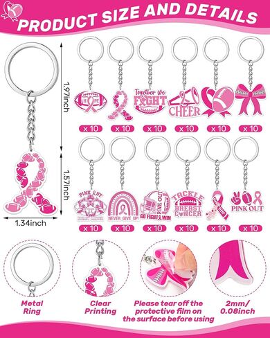 Kigeli 120 Pcs Breast Cancer Awareness Football Keychain Pink Ribbon Keychains Mixed Breast Cancer Gifts Key Ring for Women Nurse Charity Survivor Party Supplies Accessories in Saudi Arabia