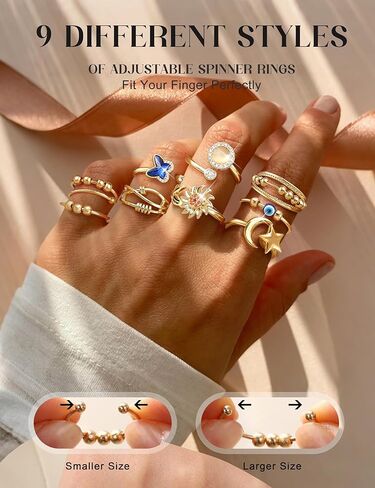 FIBO STEEL 9 Pcs Fidget Anxiety Rings for Women Men Spinner Rings for Anxiety Relieving Stress Open CZ Flower Moon Star Anti Rotatable Rings Adjustable in Kuwait