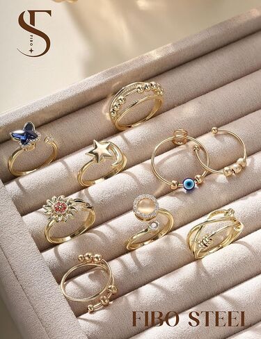 FIBO STEEL 9 Pcs Fidget Anxiety Rings for Women Men Spinner Rings for Anxiety Relieving Stress Open CZ Flower Moon Star Anti Rotatable Rings Adjustable in Kuwait