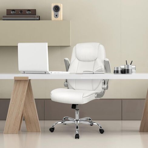 NEO CHAIR كرسي مكتب مريح من جلد البولي يوريثان، كرسي تنفيذي مبطن قابل للطي ومسند للذراعين، كرسي كمبيوتر قابل للتعديل ارتفاع عالي الظهر وعجلات دعم قطنية دوارة لكرسي مكتب الألعاب (أبيض) in Kuwait