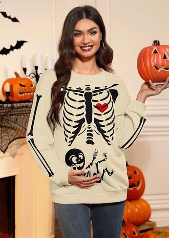 For G and PL Women's Halloween Maternity Long Sleeve Crewneck Sweatshirt Pregnancy Pumkin Skeleton Sweater S-XXL in Kuwait