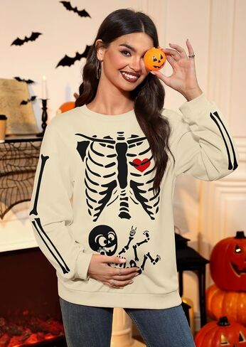 For G and PL Women's Halloween Maternity Long Sleeve Crewneck Sweatshirt Pregnancy Pumkin Skeleton Sweater S-XXL in Kuwait