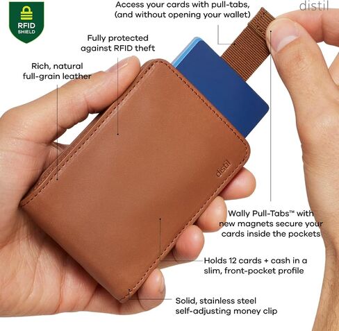 Distil Union Wally Bifold 5.0 Premium RFID Wallet مع مقطع أموال التيتانيوم - محفظة نحيفة Bifold للرجال ، جلود الحبوب الكاملة ، حامل بطاقة RFID الحد الأدنى - يحمل 14 بطاقة و 30 فاتورة - أسود - أسود in Kuwait