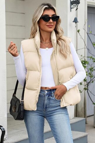 Zeagoo Women Puffer Vest Sleeveless Cropped Outerwear Warm Winter Lightweight Coat Stand Up Collar Down Jackets With Pockets in Saudi Arabia