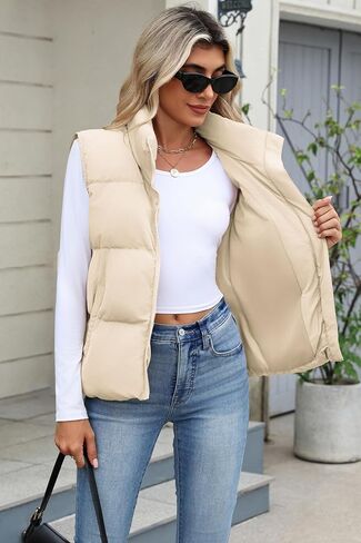Zeagoo Women Puffer Vest Sleeveless Cropped Outerwear Warm Winter Lightweight Coat Stand Up Collar Down Jackets With Pockets in Saudi Arabia