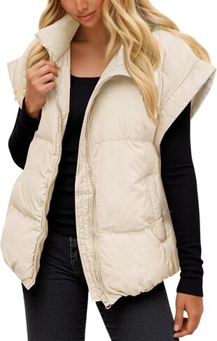 Tankaneo Womens Quilted Puffer Vest Casual Stand Collar Cap Sleeve Coat Zip Loose Fit Warm Outerwear in Saudi Arabia