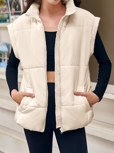 Tankaneo Womens Quilted Puffer Vest Casual Stand Collar Cap Sleeve Coat Zip Loose Fit Warm Outerwear in Saudi Arabia
