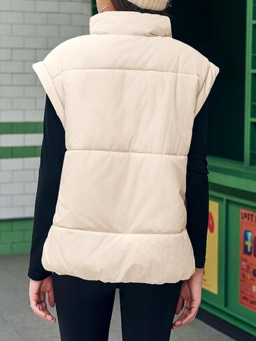 Tankaneo Womens Quilted Puffer Vest Casual Stand Collar Cap Sleeve Coat Zip Loose Fit Warm Outerwear in Saudi Arabia