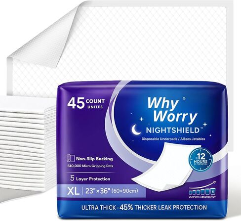 WhyWorry NightShield Incontinence Bed Pads for Adults with Non Slip Grip, 23" x 36" Extra Large Chucks Pads for Women and Men, Waterproof Disposable Underpads, Odor Control, Slip Resistant, 45 Count in Saudi Arabia