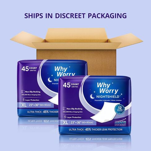 WhyWorry NightShield Incontinence Bed Pads for Adults with Non Slip Grip, 23" x 36" Extra Large Chucks Pads for Women and Men, Waterproof Disposable Underpads, Odor Control, Slip Resistant, 45 Count in Saudi Arabia