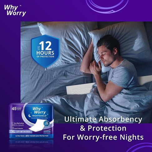 WhyWorry NightShield Incontinence Bed Pads for Adults with Non Slip Grip, 23" x 36" Extra Large Chucks Pads for Women and Men, Waterproof Disposable Underpads, Odor Control, Slip Resistant, 45 Count in Saudi Arabia