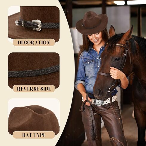 Cowboy Hat for Women and Men, Women Men Classic Felt Wide Brim Western Cowboy Cowgirl Hat with Belt Buckle(Brown) in Saudi Arabia