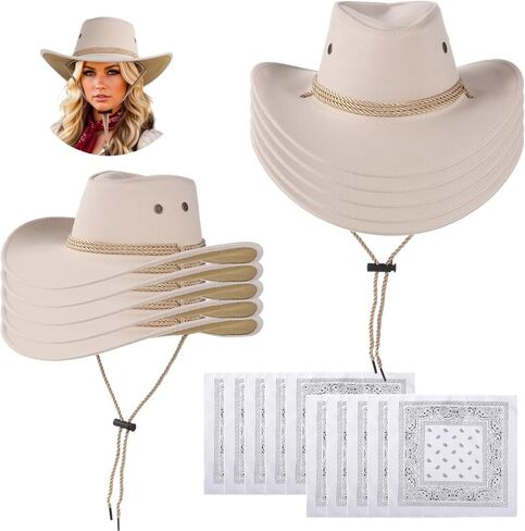 Homaisson 10 Sets Cowboy Hats & Bandanas, White Cowgirl Hats for Men Women, Vintage Rolled Western Cowboy Hats Costume Accessories for Cowboy themed Party, Cosplay in Saudi Arabia