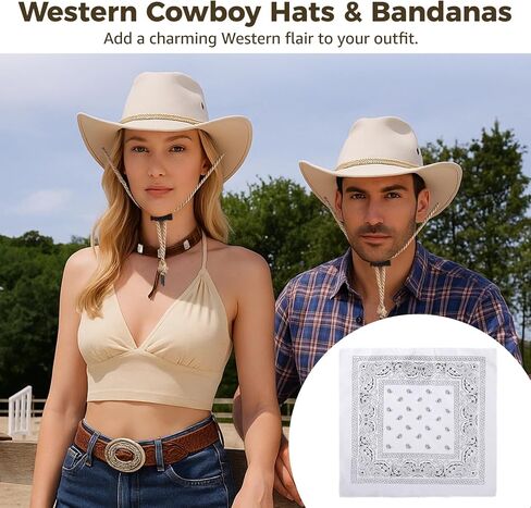 Homaisson 10 Sets Cowboy Hats & Bandanas, White Cowgirl Hats for Men Women, Vintage Rolled Western Cowboy Hats Costume Accessories for Cowboy themed Party, Cosplay in Saudi Arabia