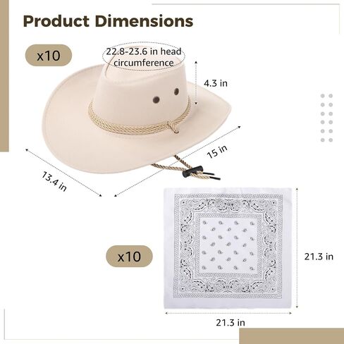 Homaisson 10 Sets Cowboy Hats & Bandanas, White Cowgirl Hats for Men Women, Vintage Rolled Western Cowboy Hats Costume Accessories for Cowboy themed Party, Cosplay in Saudi Arabia