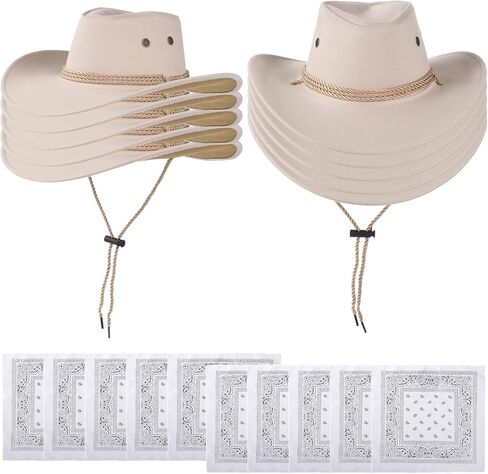 Homaisson 10 Sets Cowboy Hats & Bandanas, White Cowgirl Hats for Men Women, Vintage Rolled Western Cowboy Hats Costume Accessories for Cowboy themed Party, Cosplay in Saudi Arabia