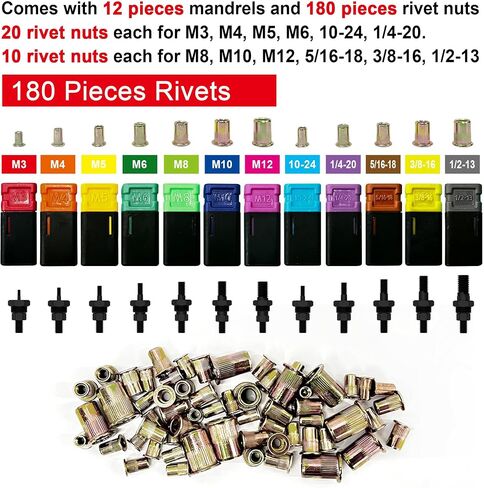 Rivet Nut Tool Kit,14-Inch Rivnut Tool Kit with 12 Metric and SAE Mandrels, 180Pcs Rivet nut Assortment Kit, Designed for Labour Saving in Saudi Arabia