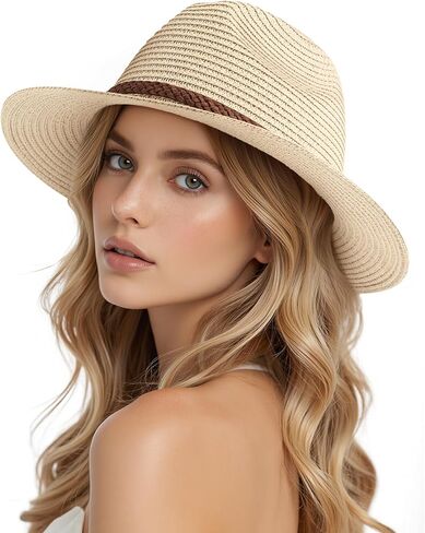 قبعات شاطئ Dofowork للنساء - قطرات Sun Straw Fedora للنساء ، ومستحضرات Sun Hat القابلة للتعبئة مع حزام الذقن ، UPF 50+ in Kuwait
