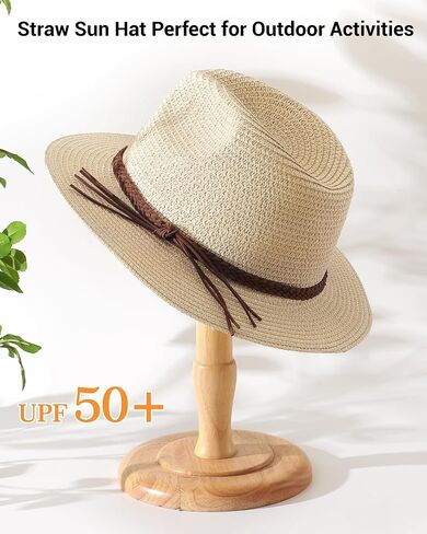 قبعات شاطئ Dofowork للنساء - قطرات Sun Straw Fedora للنساء ، ومستحضرات Sun Hat القابلة للتعبئة مع حزام الذقن ، UPF 50+ in Kuwait