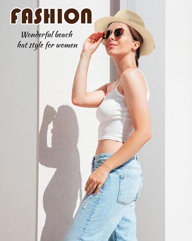 قبعات شاطئ Dofowork للنساء - قطرات Sun Straw Fedora للنساء ، ومستحضرات Sun Hat القابلة للتعبئة مع حزام الذقن ، UPF 50+ in Kuwait
