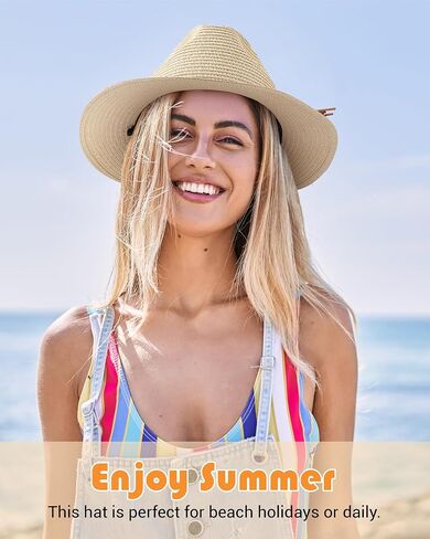 قبعات شاطئ Dofowork للنساء - قطرات Sun Straw Fedora للنساء ، ومستحضرات Sun Hat القابلة للتعبئة مع حزام الذقن ، UPF 50+ in Kuwait