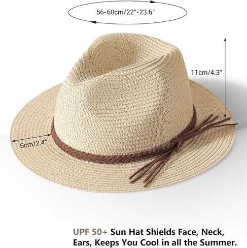 قبعات شاطئ Dofowork للنساء - قطرات Sun Straw Fedora للنساء ، ومستحضرات Sun Hat القابلة للتعبئة مع حزام الذقن ، UPF 50+ in Kuwait