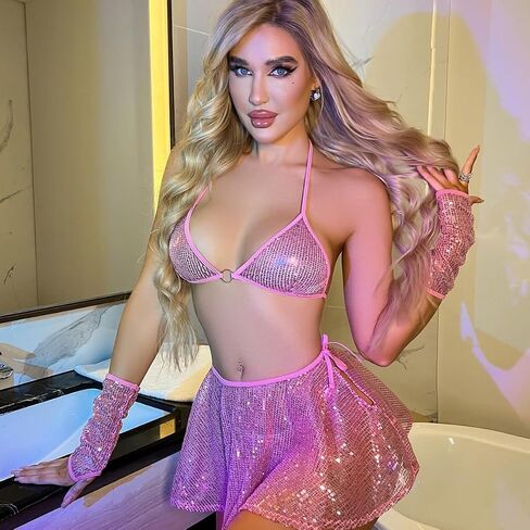 Siqitechno Womens Sequin Sequin Rave Wave See من خلال Halter Bra Top Mini Skirt Lingerie Set Glitter Hologram Clubwear in Saudi Arabia