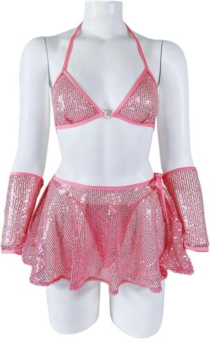 Siqitechno Womens Sequin Sequin Rave Wave See من خلال Halter Bra Top Mini Skirt Lingerie Set Glitter Hologram Clubwear in Saudi Arabia