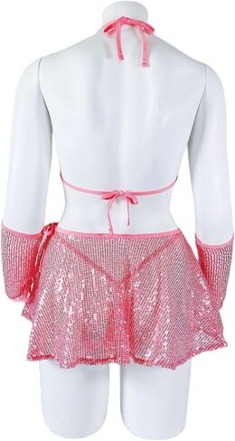 Siqitechno Womens Sequin Sequin Rave Wave See من خلال Halter Bra Top Mini Skirt Lingerie Set Glitter Hologram Clubwear in Saudi Arabia