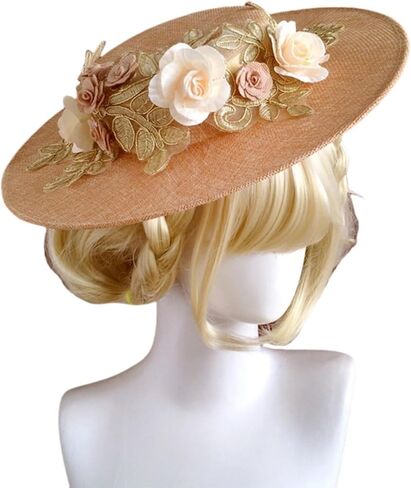 البنات نساء شاي الحزب قبعة شمس ، شرائط فيكتورية زهرة زهرة قبعة مسطحة مع القوس واسعة الحافة لوليتا بونيه غطاء in Kuwait
