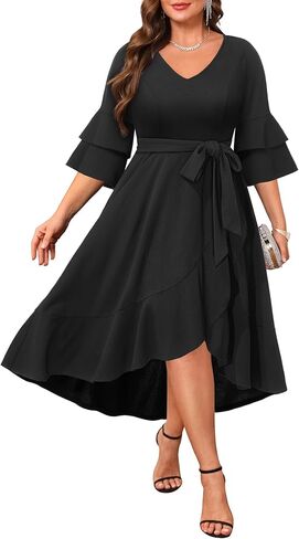 فستان زفاف للضيوف بمقاس كبير - فساتين كوكتيل شبه رسمية بأكمام جرس مزدوجة ورقبة على شكل حرف V وفتحة عالية ومنخفضة مع حزام in Kuwait