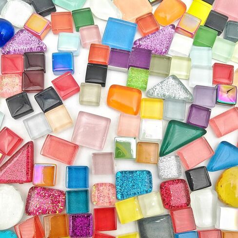 500g/1.1lb 210pcs Glass Mosaic Tiles,Mixed Colour Glass Mosaic Tiles for Crafts，Square Mosaic Tiles for Home Decoration or DIY Crafts,Iridescent Mosaic Glass Tiles (Iridescent Mixed Color, 0.59 inch) in Kuwait