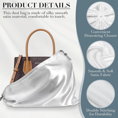 6-Pack Dust Bags for Handbags, White Satin Large Drawstring Pouch for Designer Bags, Purse Dust Bags, Shoes Boots and Accessories, Handbag Storage for Travel (19.6×15.7 inch) - Extra zipper bag incl. in Saudi Arabia