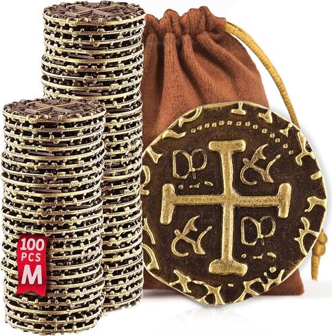 Metal Pirate Coins, 100 Medium Bronze Treasure Coin Set, Metal Replica Spanish Doubloons for Board Games, Tokens, Toys, Cosplay, Realistic Money Imitation, Pirate Treasure Chest, Diameter 7/8" in Saudi Arabia