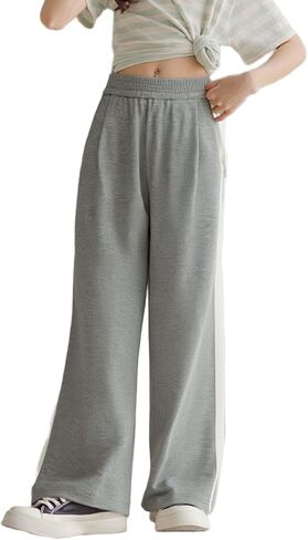 Side Striped Casual Wide Leg Sports Pants for Teenage Girls - Comfortable Elastic Waistband in Saudi Arabia