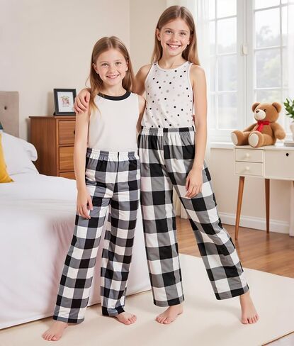 HONGTEYA Girls Christmas Pants with Pockets Soft Long Loose Kids Plaid Bottom Indoor Outdoor Xmas Holiday 8-14 Years in Saudi Arabia