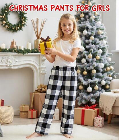 HONGTEYA Girls Christmas Pants with Pockets Soft Long Loose Kids Plaid Bottom Indoor Outdoor Xmas Holiday 8-14 Years in Saudi Arabia