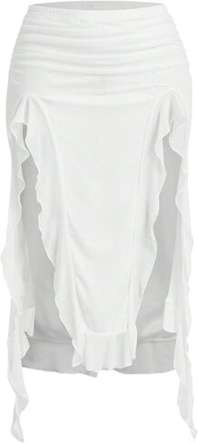 WDIRARA Women's Ruched Ruffle High Slit Midi Skirt Elastic Waist Asymmetrical Hem Skirts in Saudi Arabia