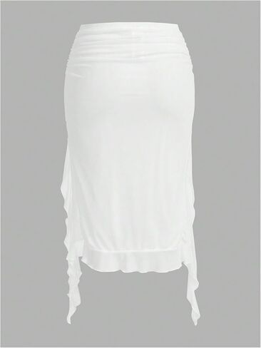 WDIRARA Women's Ruched Ruffle High Slit Midi Skirt Elastic Waist Asymmetrical Hem Skirts in Saudi Arabia