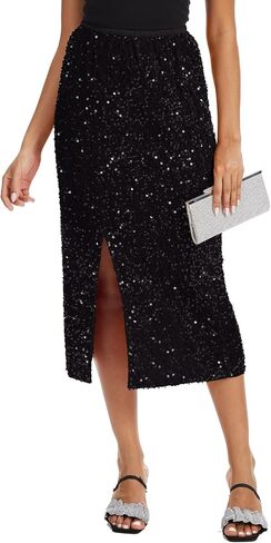 Women's Sequin Velvet Midi Skirt Elastic High Waist Night Out Split Hem Party Skirts in Saudi Arabia