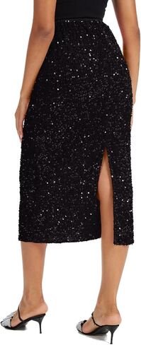 Women's Sequin Velvet Midi Skirt Elastic High Waist Night Out Split Hem Party Skirts in Saudi Arabia