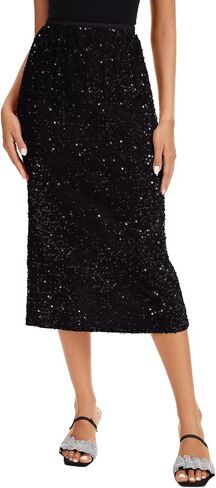 Women's Sequin Velvet Midi Skirt Elastic High Waist Night Out Split Hem Party Skirts in Saudi Arabia
