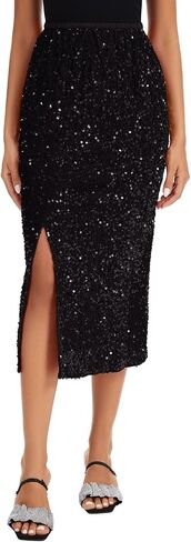 Women's Sequin Velvet Midi Skirt Elastic High Waist Night Out Split Hem Party Skirts in Saudi Arabia