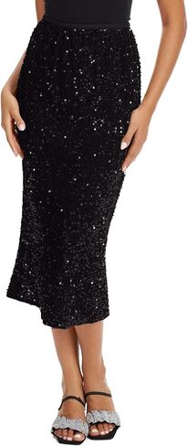 Women's Sequin Velvet Midi Skirt Elastic High Waist Night Out Split Hem Party Skirts in Saudi Arabia