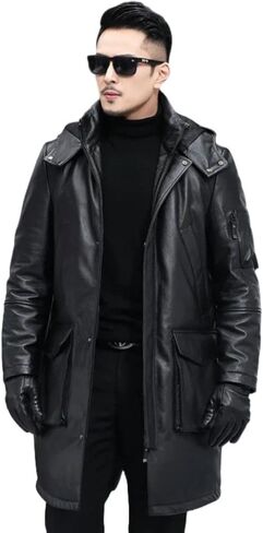 Genuine Cowhide Leather Hooded Mid Length Thick Business Style Black Coat for Men in Saudi Arabia