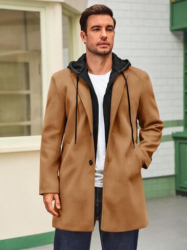معطف Runcati Mens Trench Single Single Breaded Mid-Long Pea Coat Classic Winter Business Jacket مع غطاء قابلة للفصل in Saudi Arabia