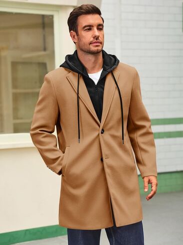 معطف Runcati Mens Trench Single Single Breaded Mid-Long Pea Coat Classic Winter Business Jacket مع غطاء قابلة للفصل in Saudi Arabia