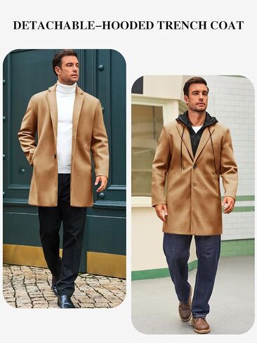 معطف Runcati Mens Trench Single Single Breaded Mid-Long Pea Coat Classic Winter Business Jacket مع غطاء قابلة للفصل in Saudi Arabia
