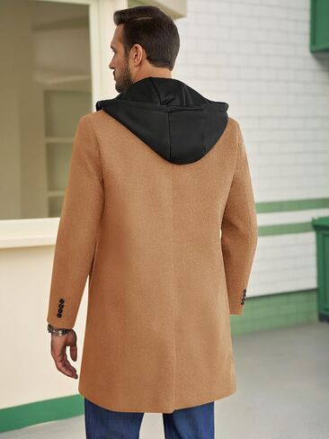 معطف Runcati Mens Trench Single Single Breaded Mid-Long Pea Coat Classic Winter Business Jacket مع غطاء قابلة للفصل in Saudi Arabia